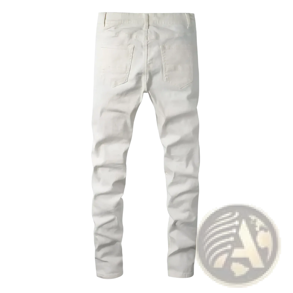 A pair of slim-fit off-white denim rhinestone distressed mens jeans with subtle fading for a stylish casual look