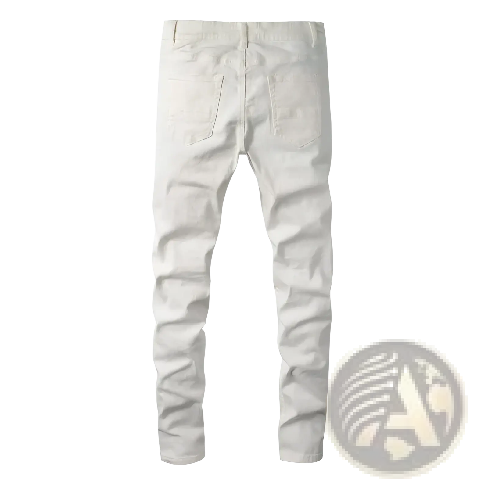 A pair of slim-fit off-white denim rhinestone distressed mens jeans with subtle fading for a stylish casual look