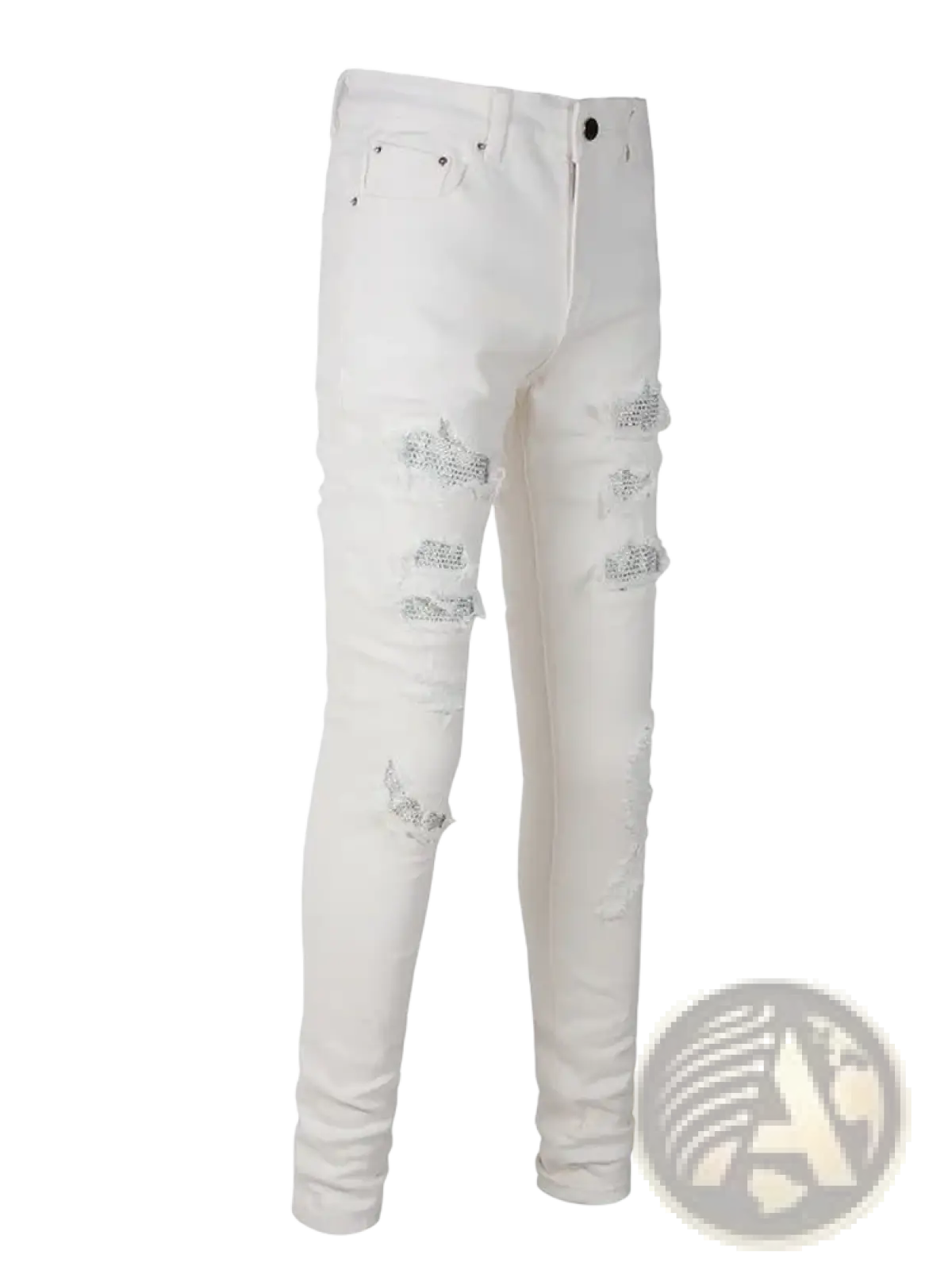Rhinestone distressed white mens skinny jeans with sparkling embellishments on ripped areas in slim fit style