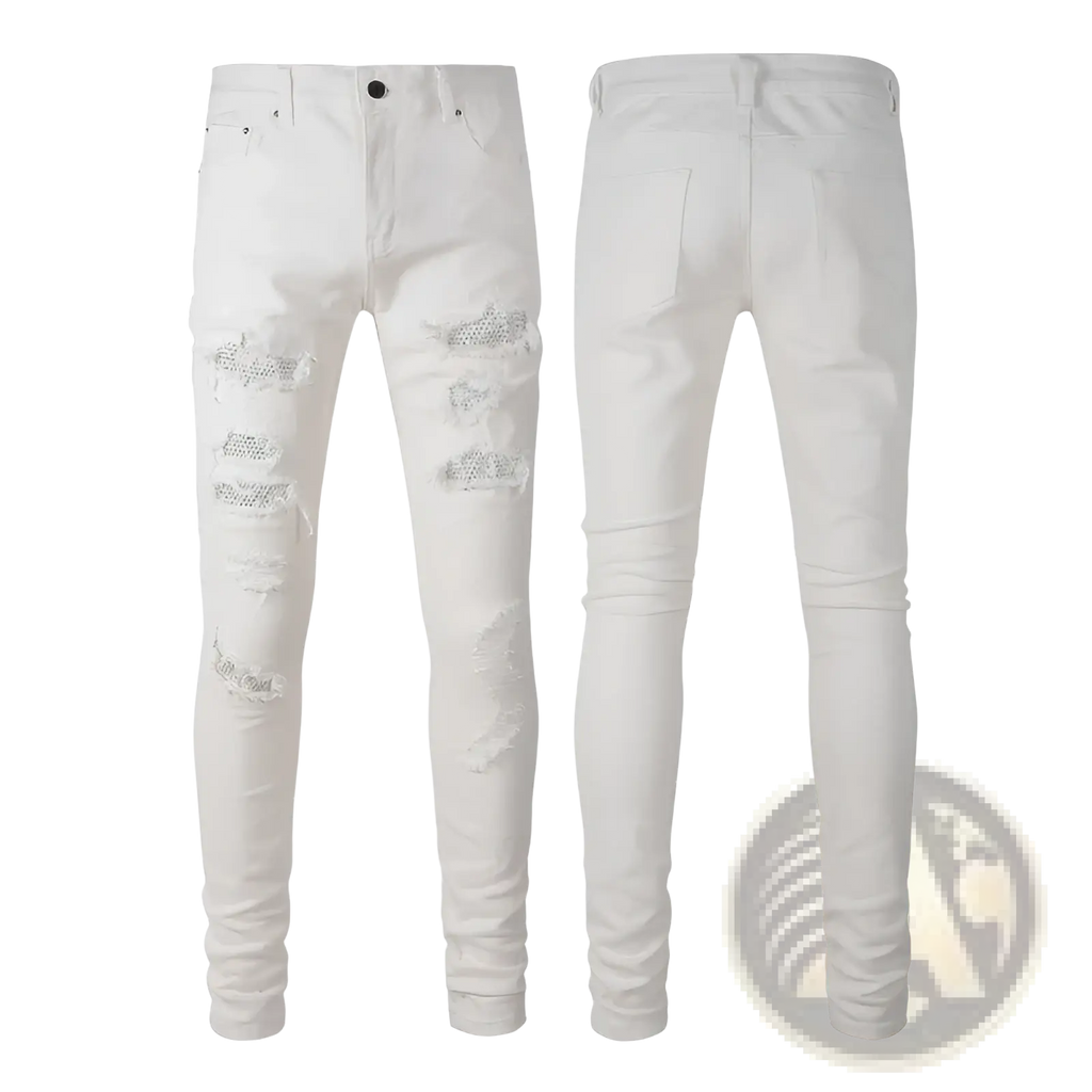 White distressed slim fit mens jeans with glittery rhinestone patches on ripped areas for a stylish look