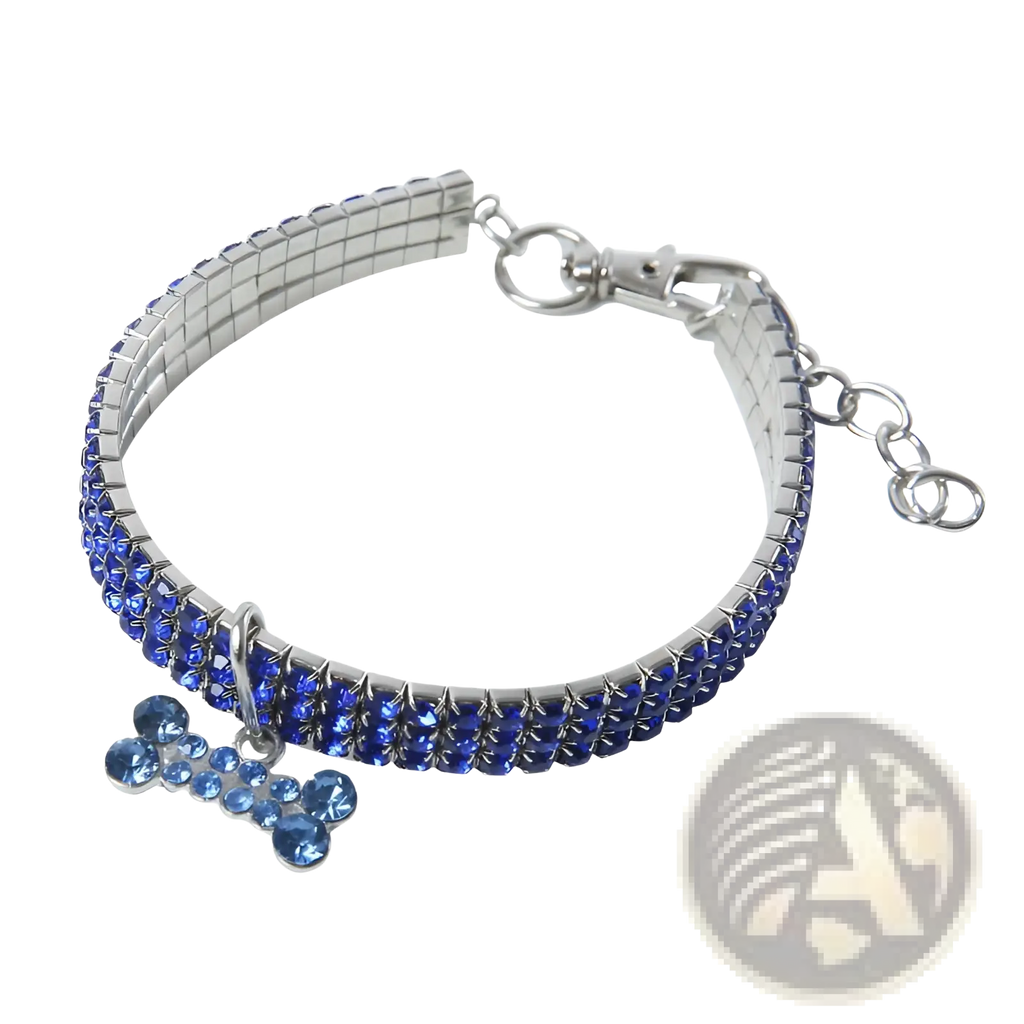 A sparkling blue rhinestone dog collar with silver metal clasp and crystal bone charm for stylish pets