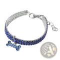 A sparkling blue rhinestone dog collar with silver metal clasp and crystal bone charm for stylish pets