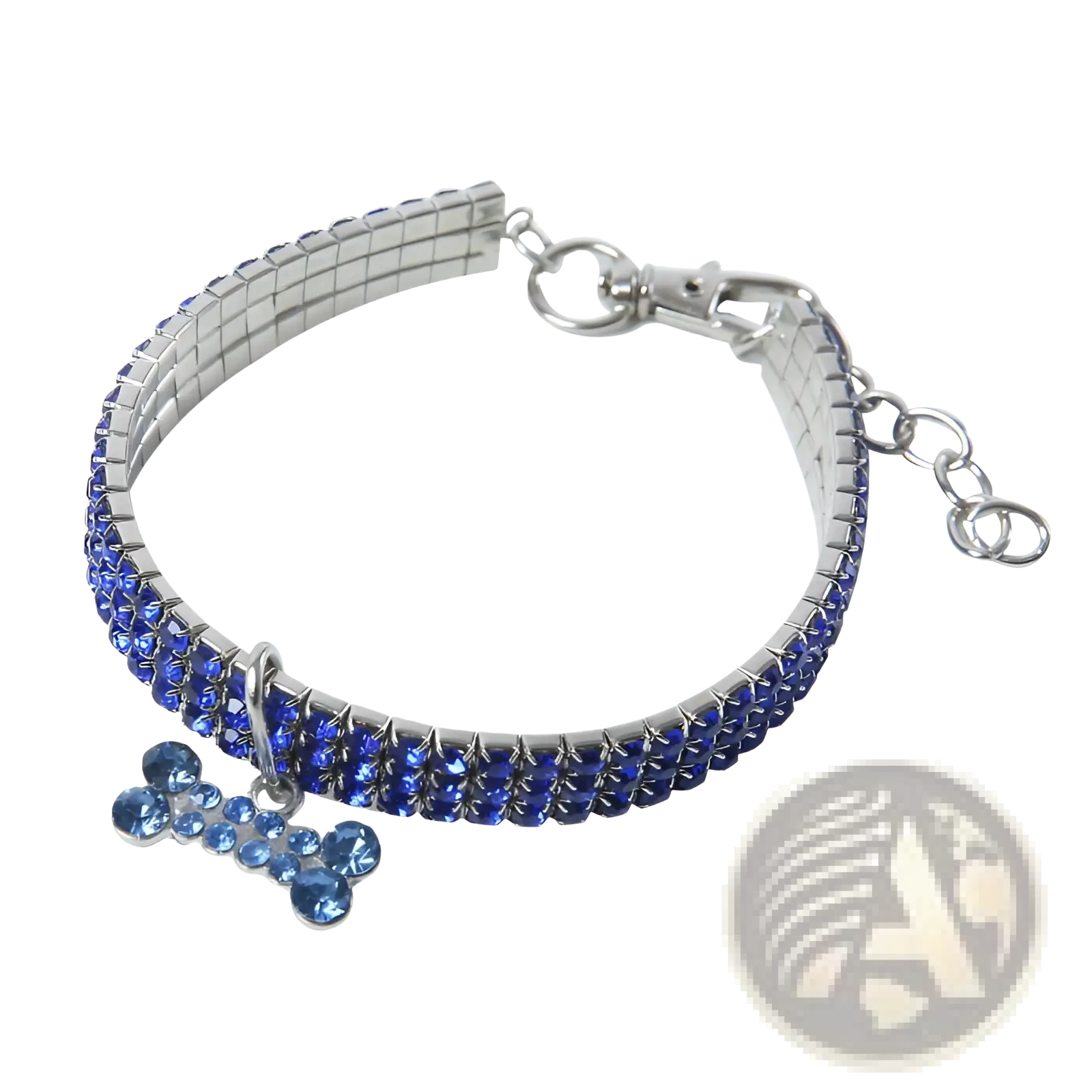 A sparkling blue rhinestone dog collar with silver metal clasp and crystal bone charm for stylish pets