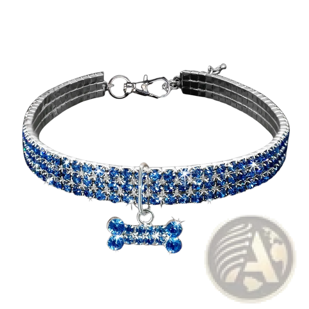 Blue rhinestone dog collar with crystal bone charm pendant designed for stylish pet accessories