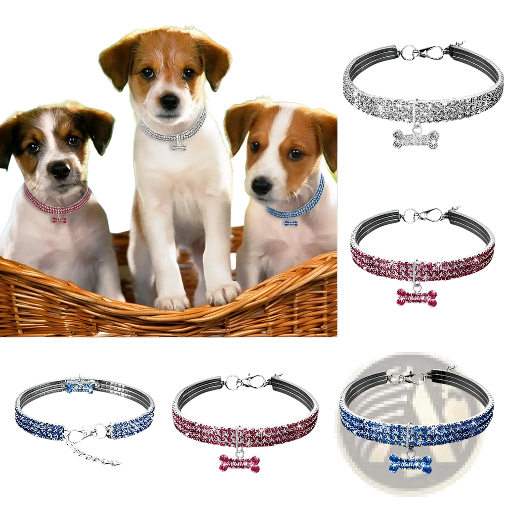 Rhinestone dog collar with crystal bone charm in silver pink and blue featuring sparkling rhinestones