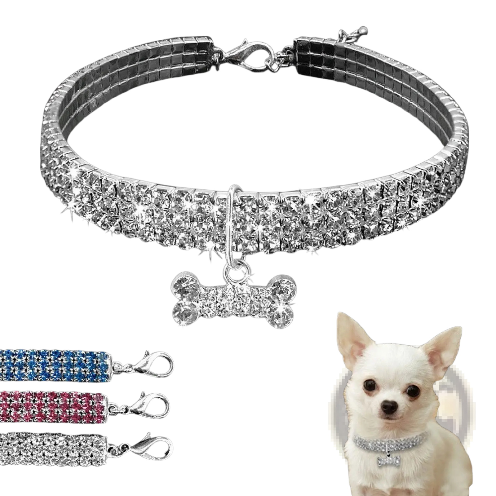 Sparkling silver rhinestone dog collar with matching crystal bone charm for stylish pet accessories