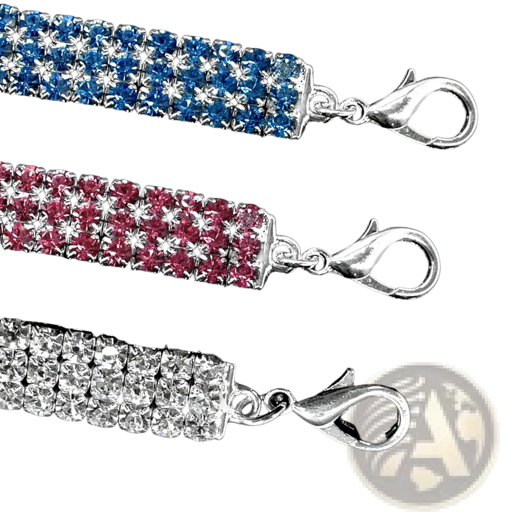 Three rhinestone dog collar bracelet extensions in blue pink and clear crystal with silver lobster clasps