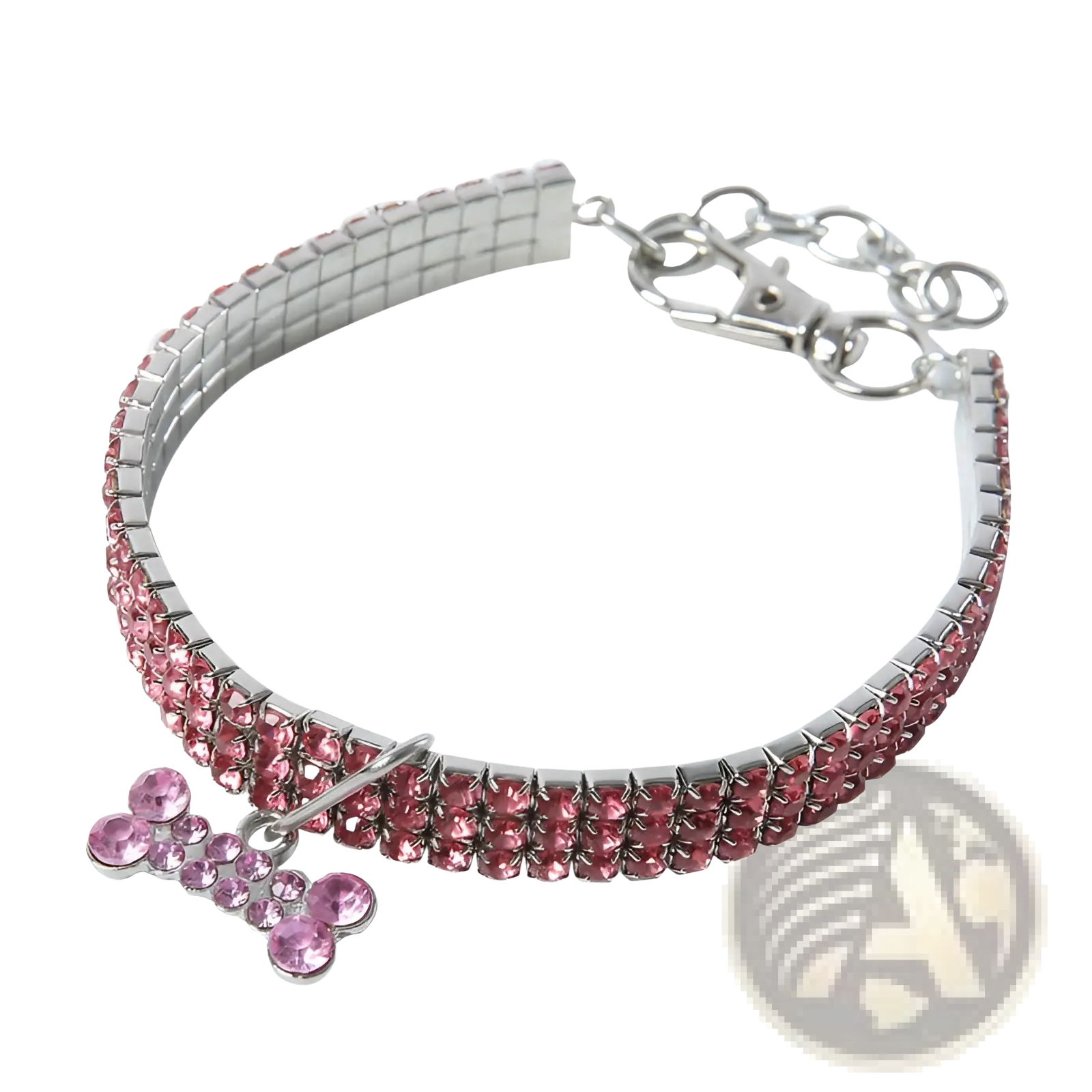 Pink rhinestone dog collar featuring a silver-tone crystal bone charm for stylish pet accessorizing