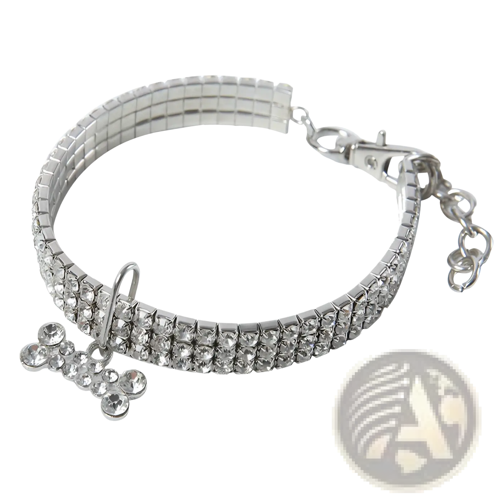 Silver rhinestone dog collar with crystal bone charm and adjustable clasp for secure and stylish pet wear
