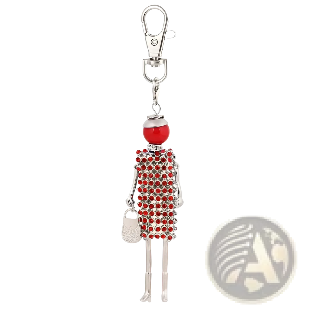 A red and silver rhinestone-encrusted woman-shaped keychain with a glossy red bead head and glittery purse pendant
