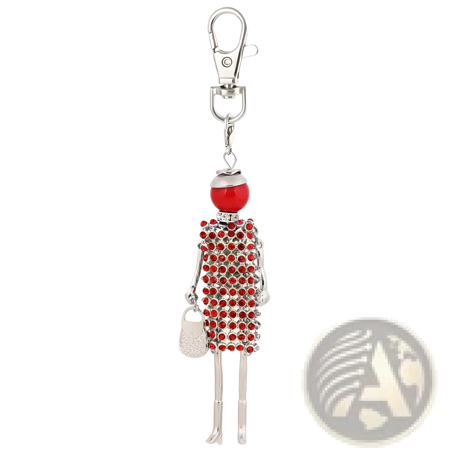 A red and silver rhinestone-encrusted woman-shaped keychain with a glossy red bead head and glittery purse pendant