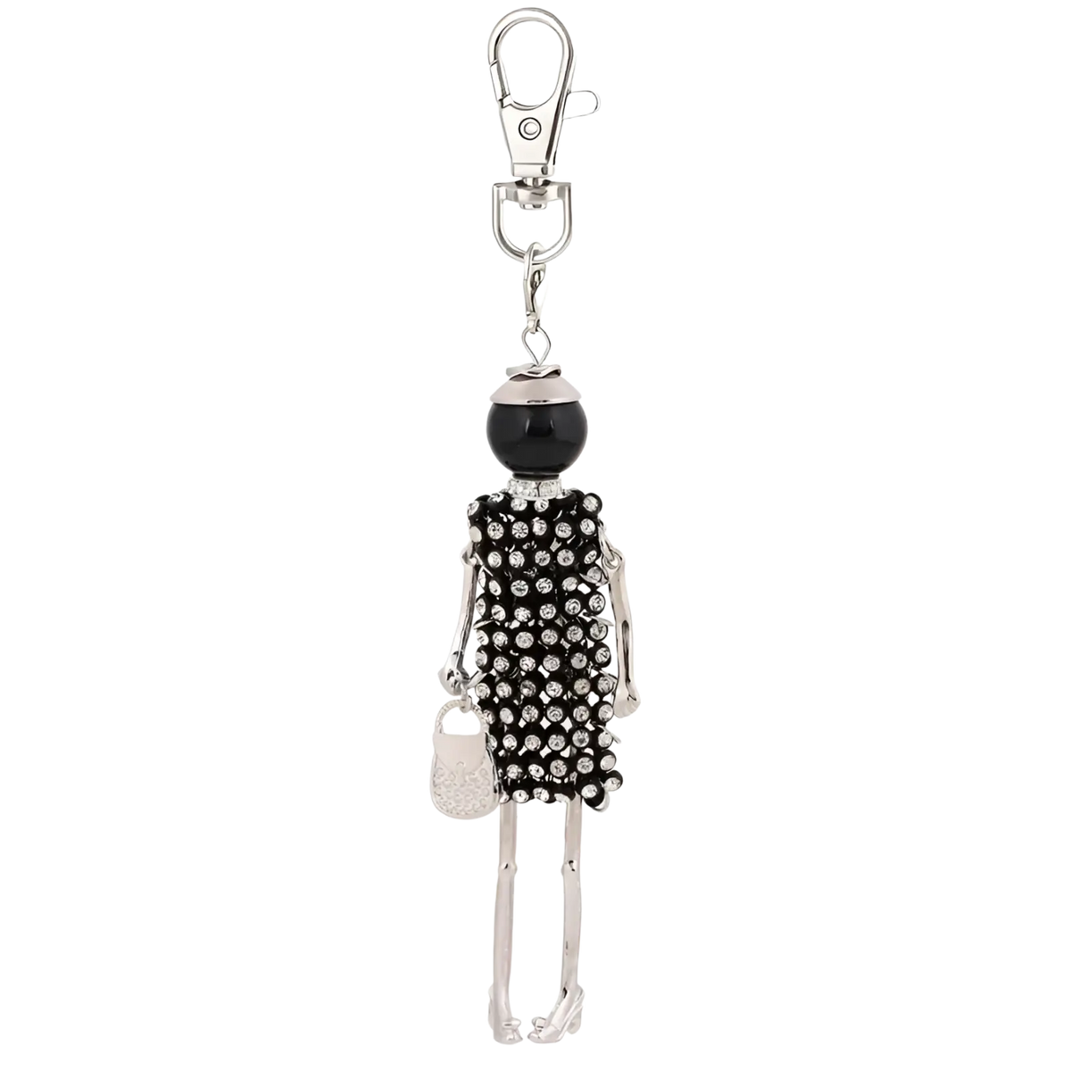 Black and silver rhinestone-encrusted skeleton figure keychain with glossy black head and crystal-studded dress pendant