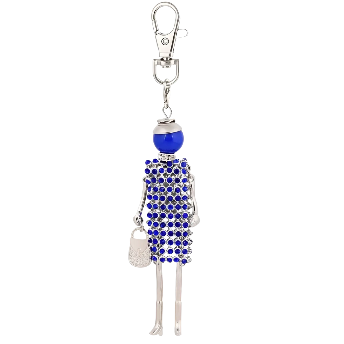 A blue rhinestone detailed rhinestone doll keychain with silver metal body and clasp for women bag pendant