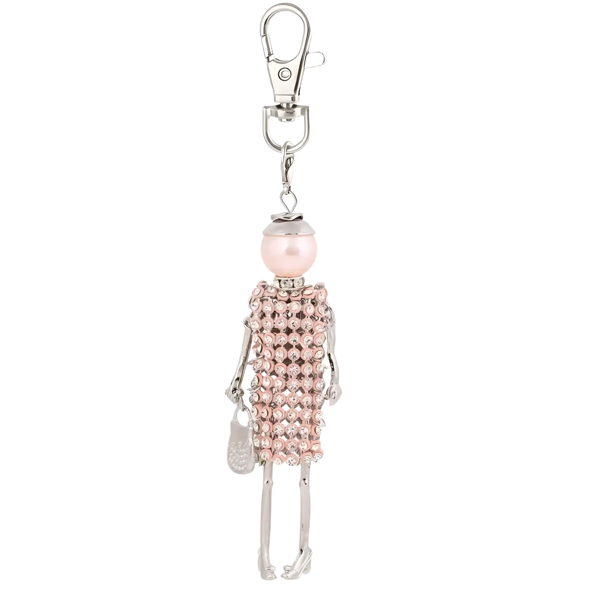 Rhinestone doll keychain with delicate pink crystal details pearl head and silver skeleton limbs holding a tiny handbag