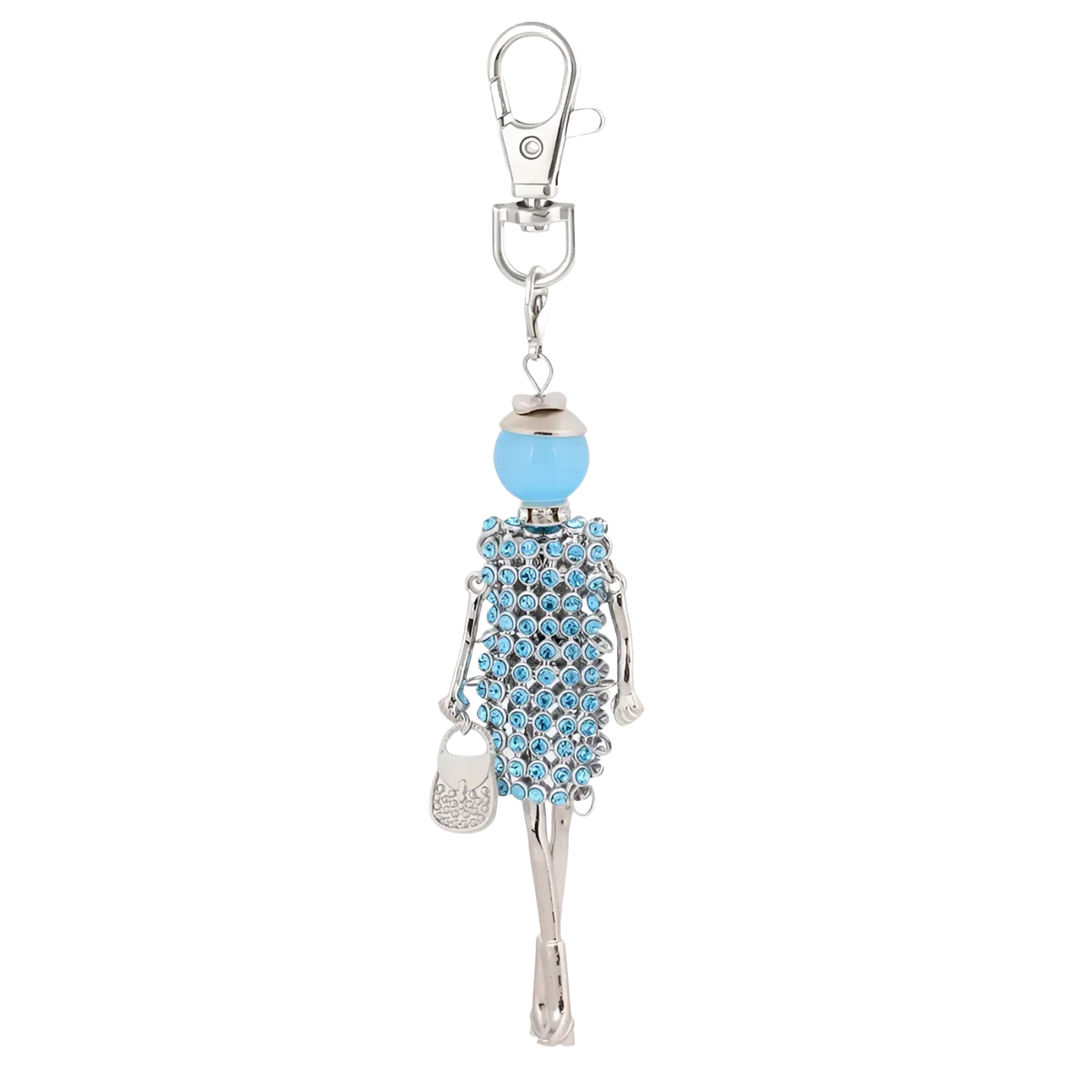 A silver-toned rhinestone doll keychain with light blue crystals, aqua bead, and crystal purse pendant for women bags