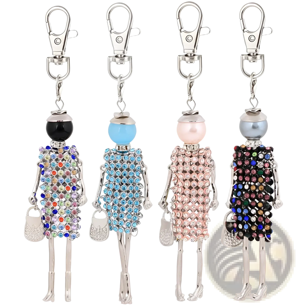 Four rhinestone doll keychain women bag pendants with colorful rhinestones and silver-toned metal frames