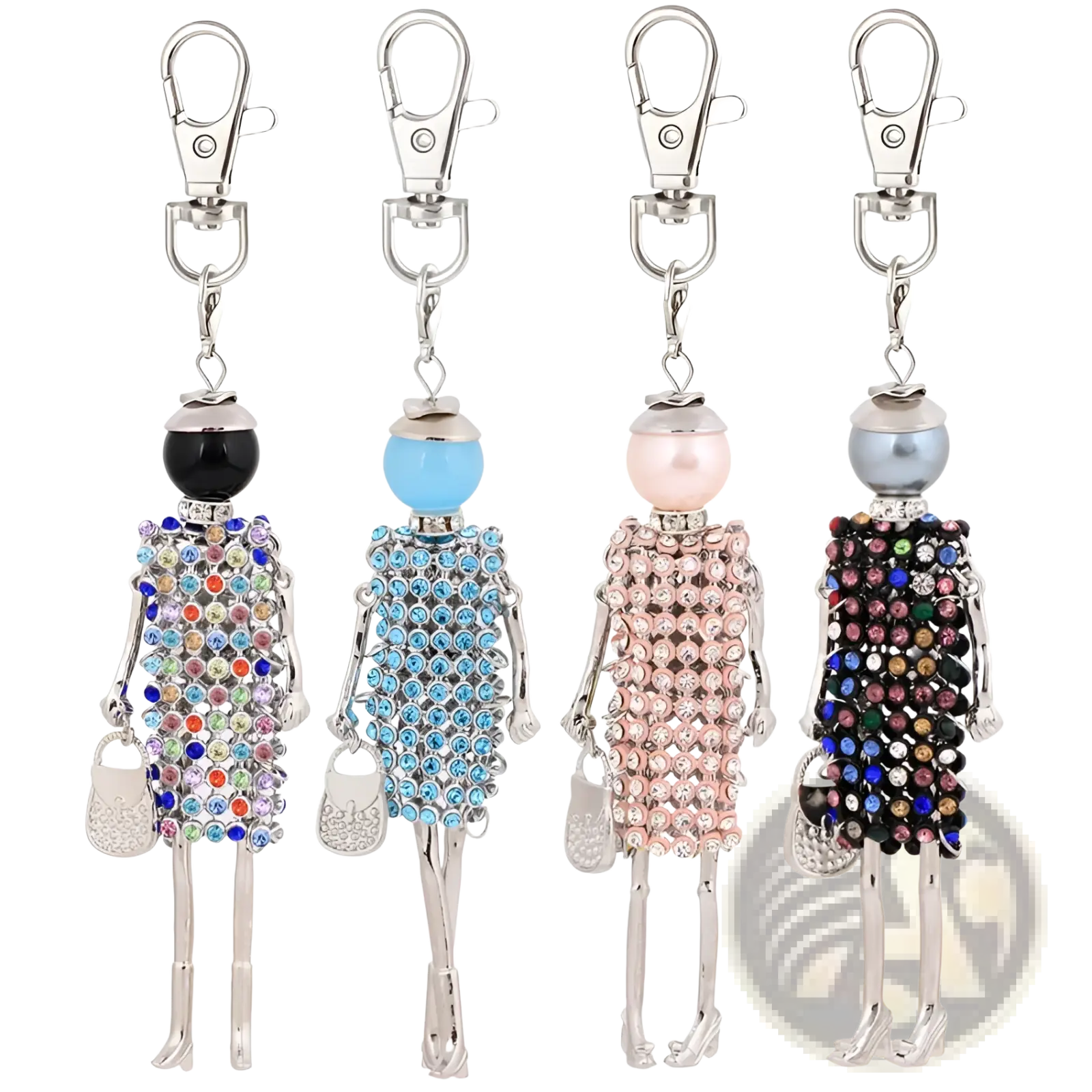 Four rhinestone doll keychain women bag pendants with colorful rhinestones and silver-toned metal frames