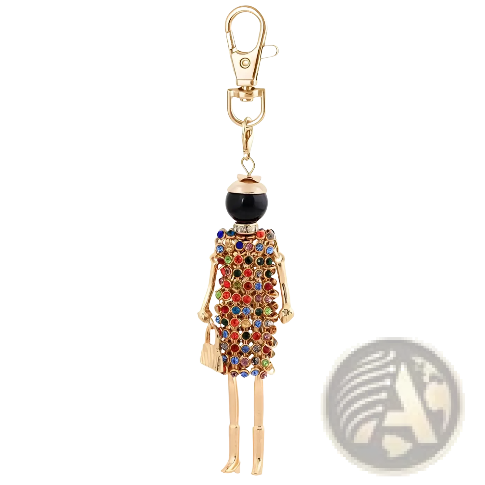 A gold-toned rhinestone doll keychain with a black bead head and colorful gemstone dress for women bag pendant
