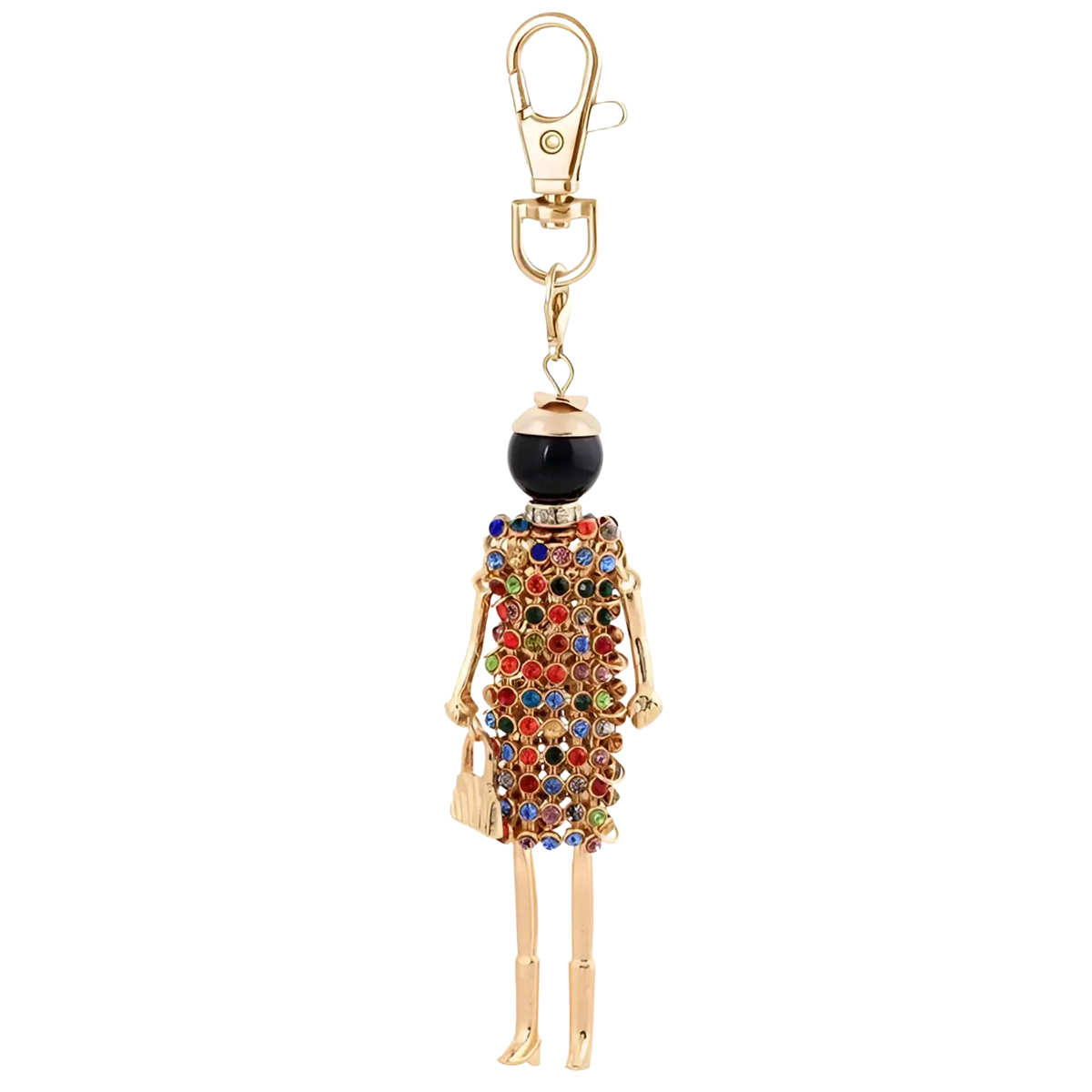Rhinestone doll keychain featuring a gold-toned skeleton figure with black bead head and gemstone-encrusted dress