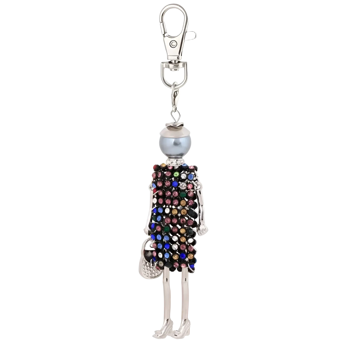 Rhinestone doll keychain with multicolored rhinestones silver-toned metal body and pearl-like head for women bag pendant