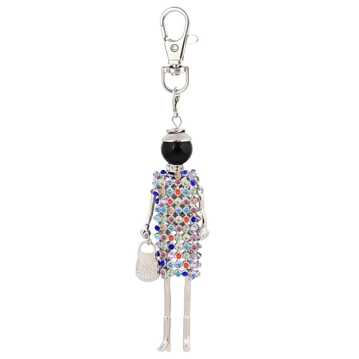 Rhinestone doll keychain women bag pendant with sparkling multicolored rhinestone dress, black bead head, and silver metal limbs