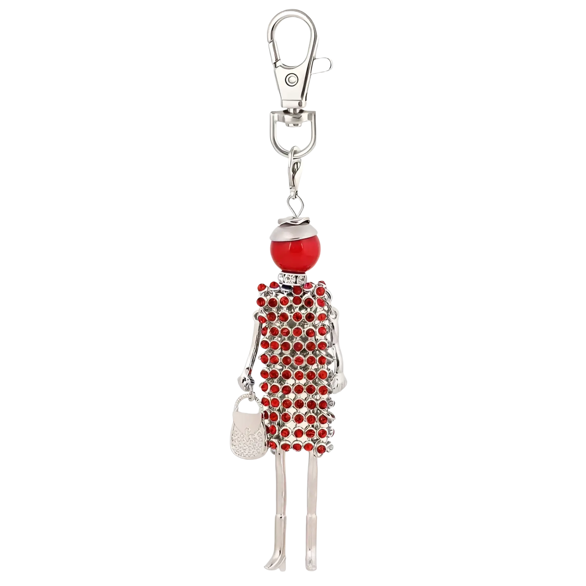 A red and silver rhinestone-encrusted woman-shaped keychain with a glossy red bead head and glittery purse pendant