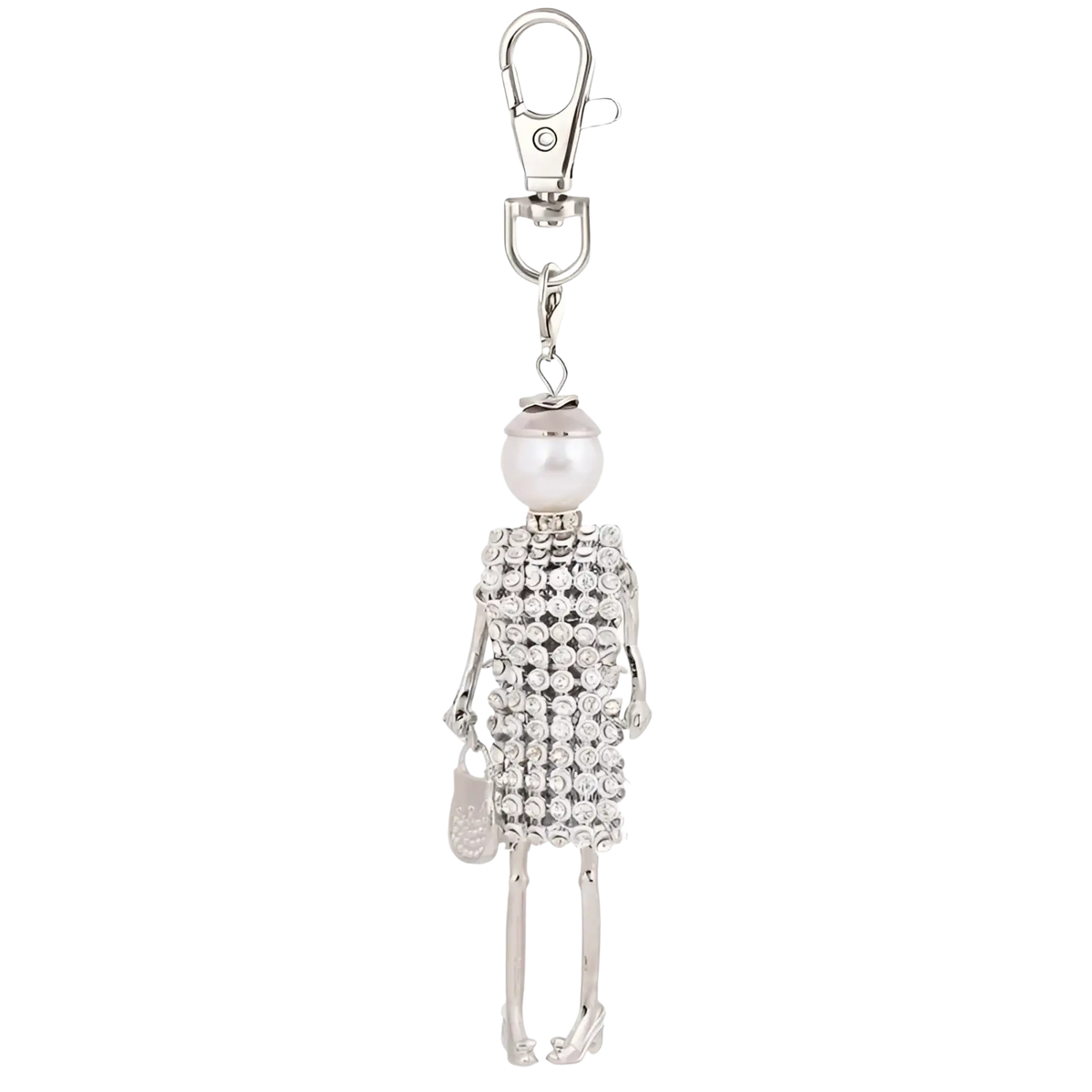 Silver rhinestone encrusted doll keychain featuring a pearl head and high heels for women bag pendant