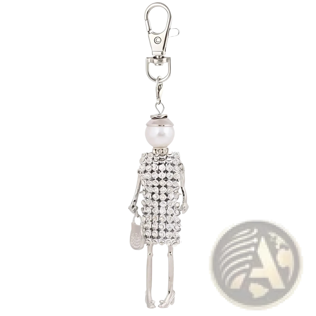 Silver rhinestone-encrusted doll keychain with pearl head and high heels for women bag pendant accessory