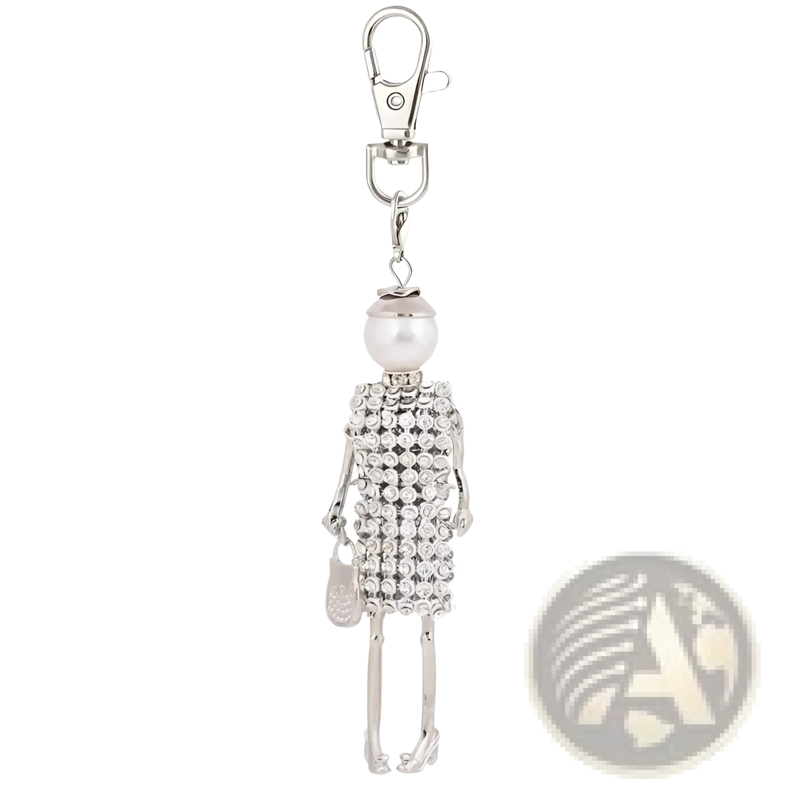 Silver rhinestone-encrusted doll keychain with pearl head and high heels for women bag pendant accessory