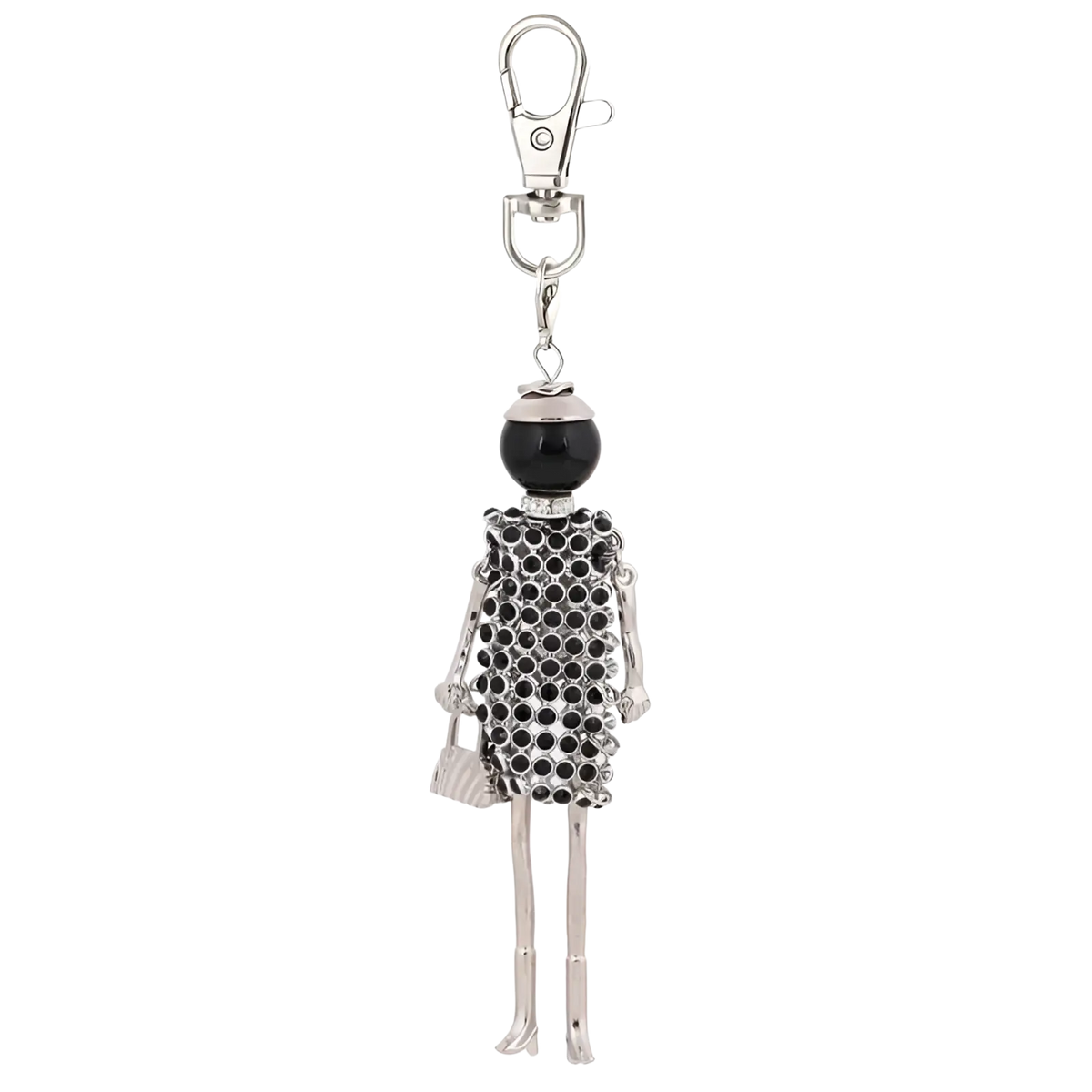 Silver skeleton rhinestone doll keychain with black beaded head and dress holding a silver handbag for women bag pendant