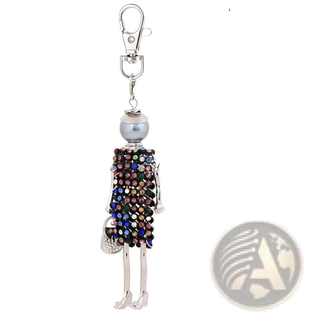 Silver skeleton rhinestone doll keychain with colorful rhinestones and high heels for women bag pendant