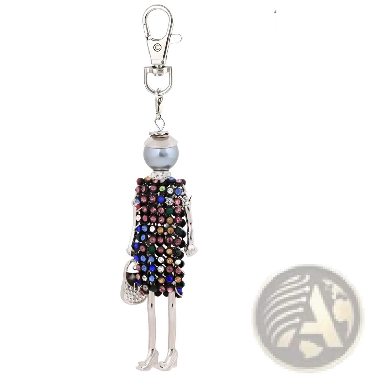 Silver skeleton rhinestone doll keychain with colorful rhinestones and high heels for women bag pendant