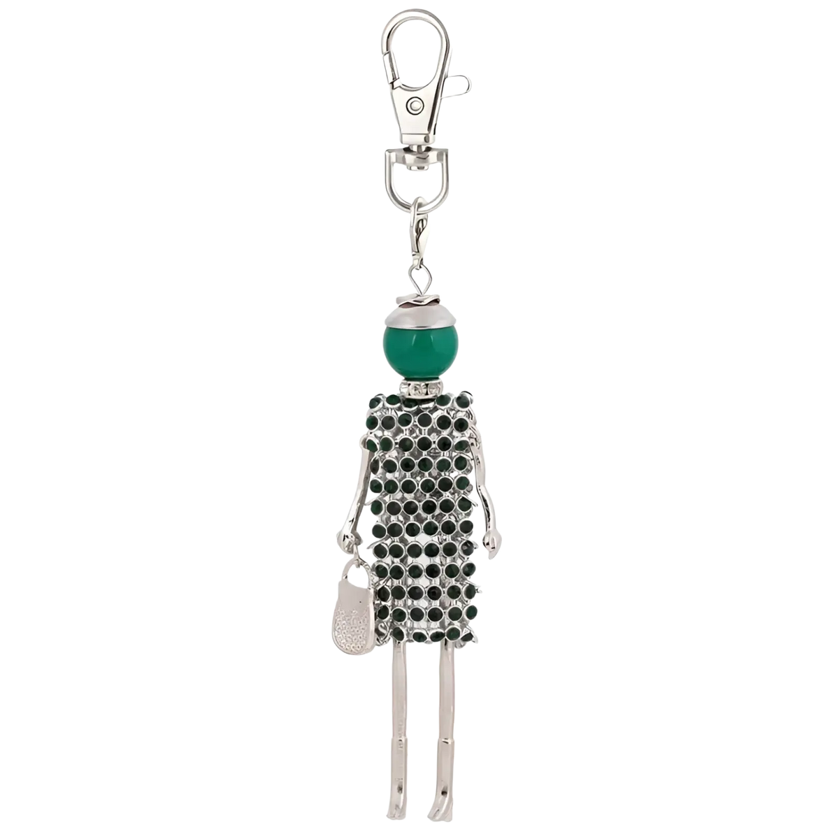 Silver-toned rhinestone doll keychain featuring a stylized female figure with green bead head and black rhinestone dress