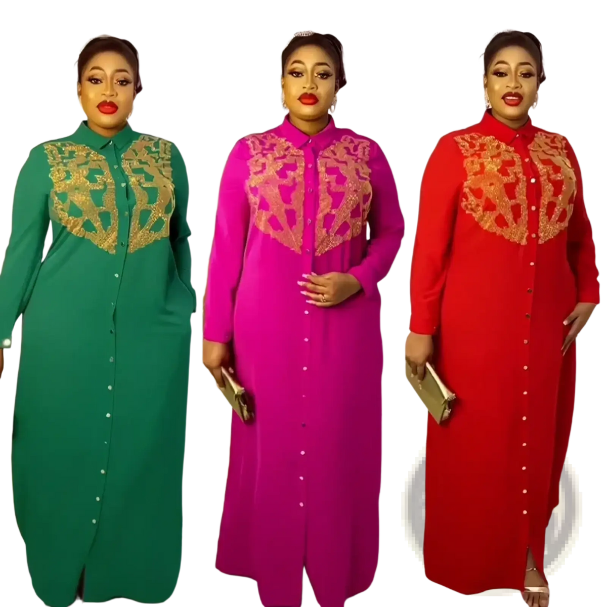 Three plus-size women model rhinestone embellished linen boubou dresses in green magenta and red with gold lace embroidery