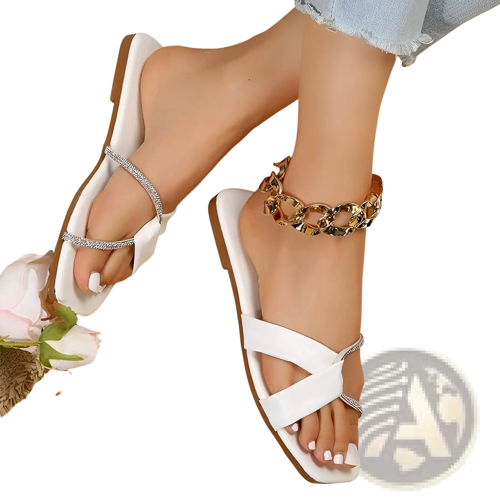 White satin platform sandals with silver rhinestone straps and gold-toned chain anklet square toe design