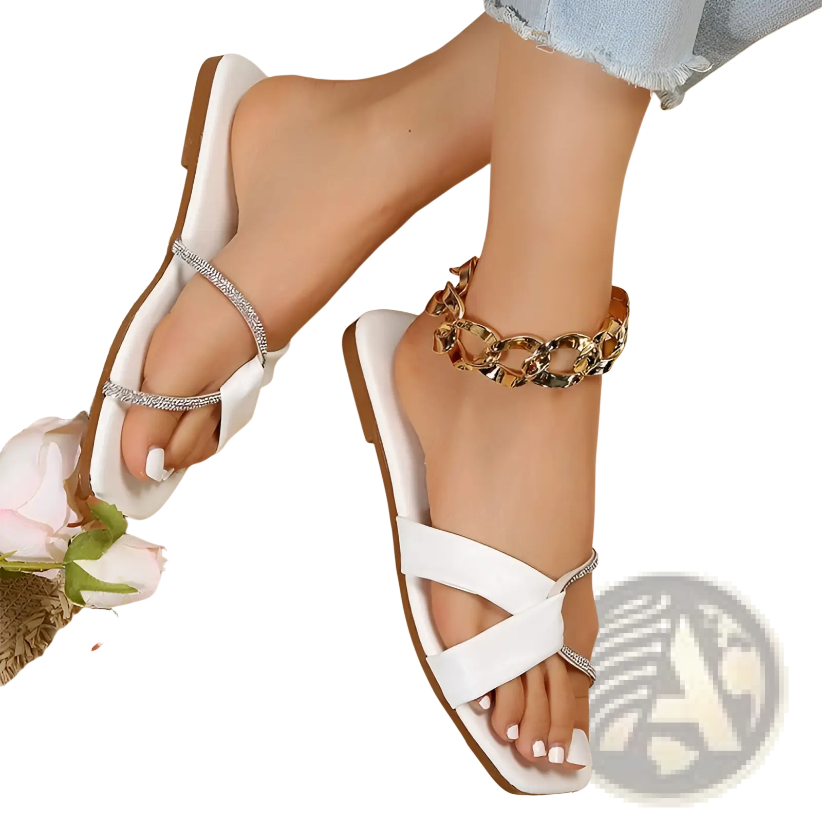 White satin platform sandals with silver rhinestone straps and gold-toned chain anklet square toe design