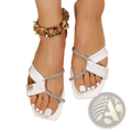 White satin rhinestone flat sandals with silver straps and square toe design for elegant occasions