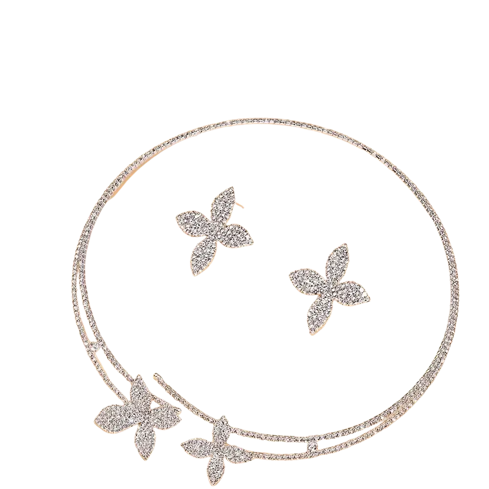 Silver rhinestone butterfly necklace and matching earrings with double-strand design and sparkling crystals bridal jewelry set