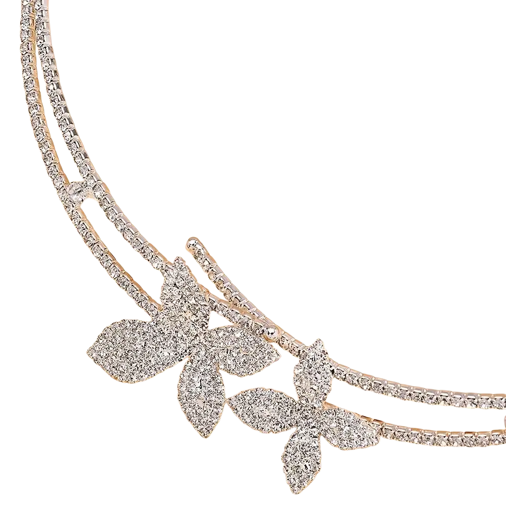 Silver rhinestone butterfly necklace with intricate leaf designs and crystal embellishments in bridal jewelry set