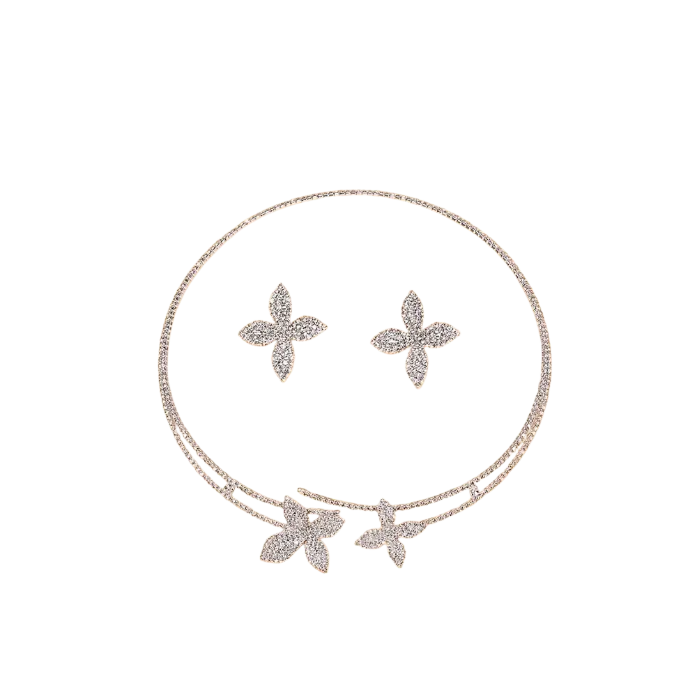 Silver rhinestone flower bridal jewelry set featuring a double-layered choker and matching crystal stud earrings