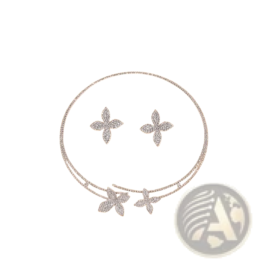 Silver rhinestone flower bridal jewelry set featuring a double-layered choker and matching crystal stud earrings