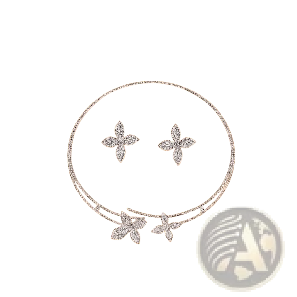 Silver rhinestone flower bridal jewelry set featuring a double-layered choker and matching crystal stud earrings