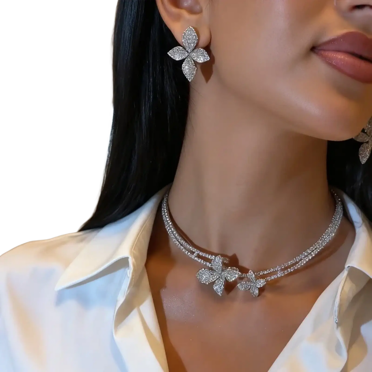 Sparkling silver flower-shaped rhinestone bridal earrings and matching choker necklace with pave-set crystals