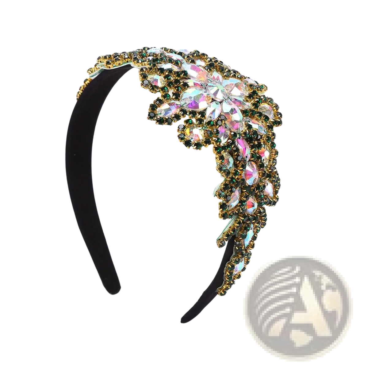 A black velvet rhinestone flower headband with iridescent pink and green crystals in gold-toned metal