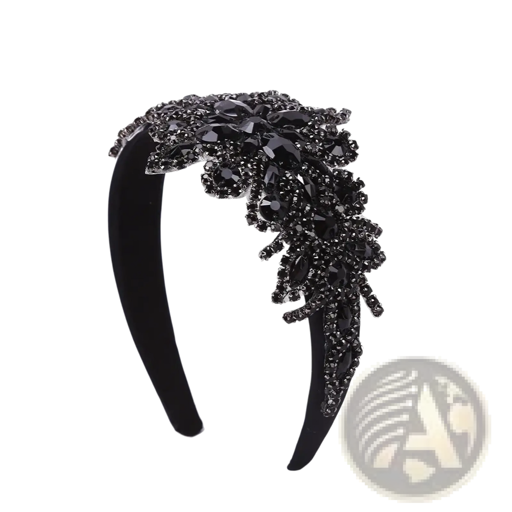 Black velvet rhinestone flower headband with intricate sparkling black crystal design for elegant hair accessory