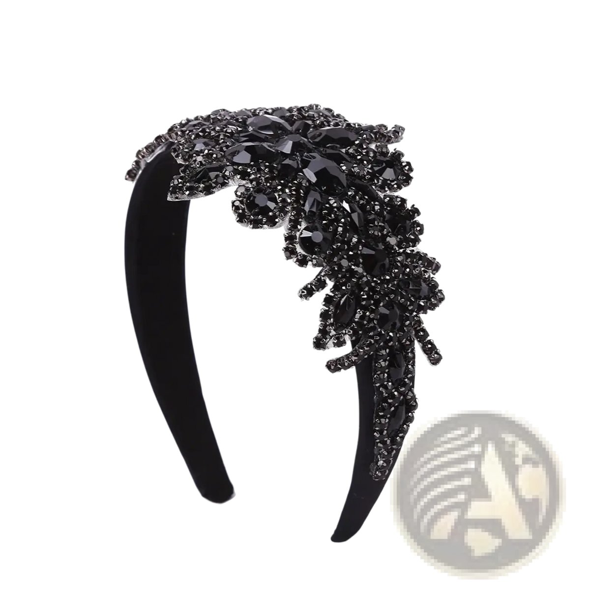 Black velvet rhinestone flower headband with intricate sparkling black crystal design for elegant hair accessory