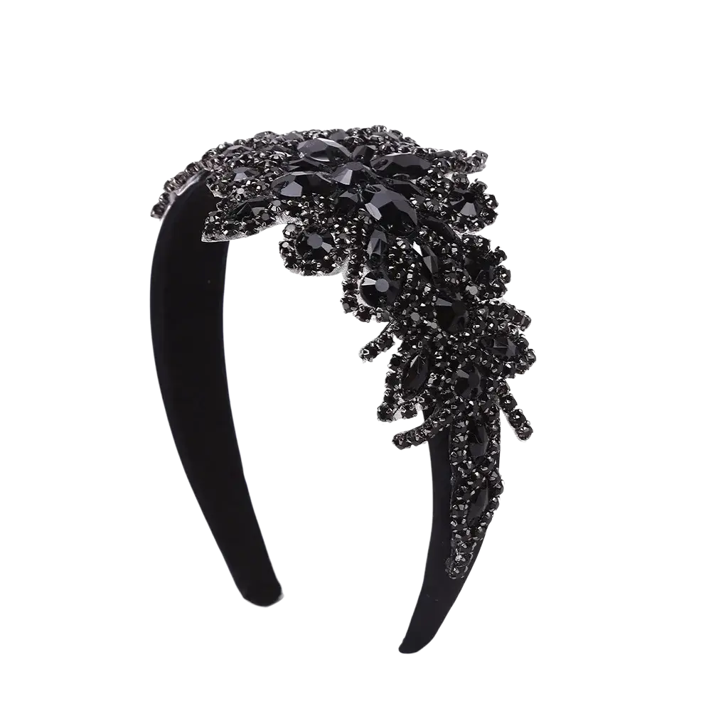 Black velvet rhinestone flower headband with intricate sparkling black crystal design for hair accessory use