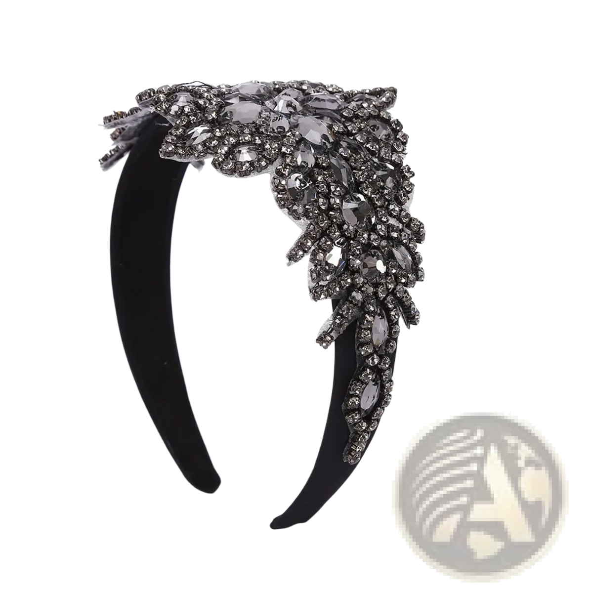 Elegant black velvet rhinestone flower headband with dark gray and clear crystals in a leafy design hair accessory
