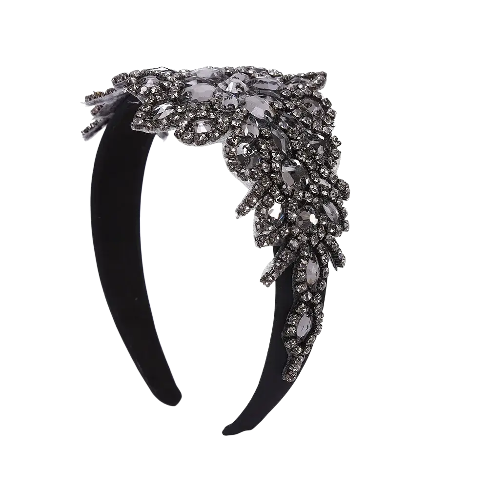 Elegant black velvet rhinestone flower headband with dark gray and clear crystals in a leafy design hair accessory