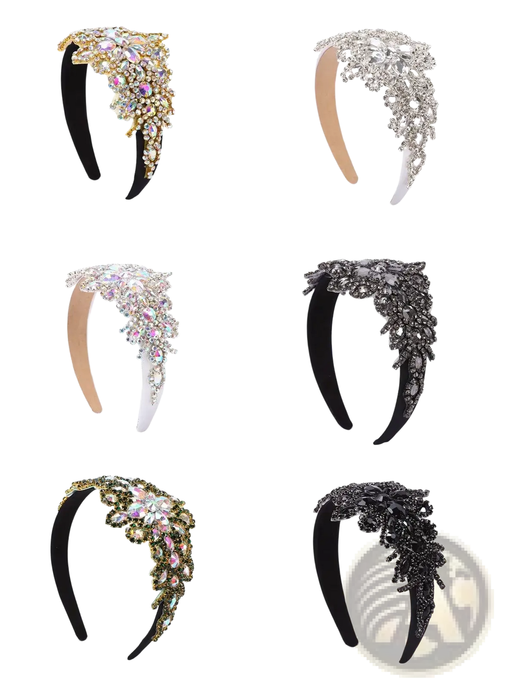 Elegant rhinestone flower headbands crystal hair accessory in assorted metallic and black finishes with crystal embellishments